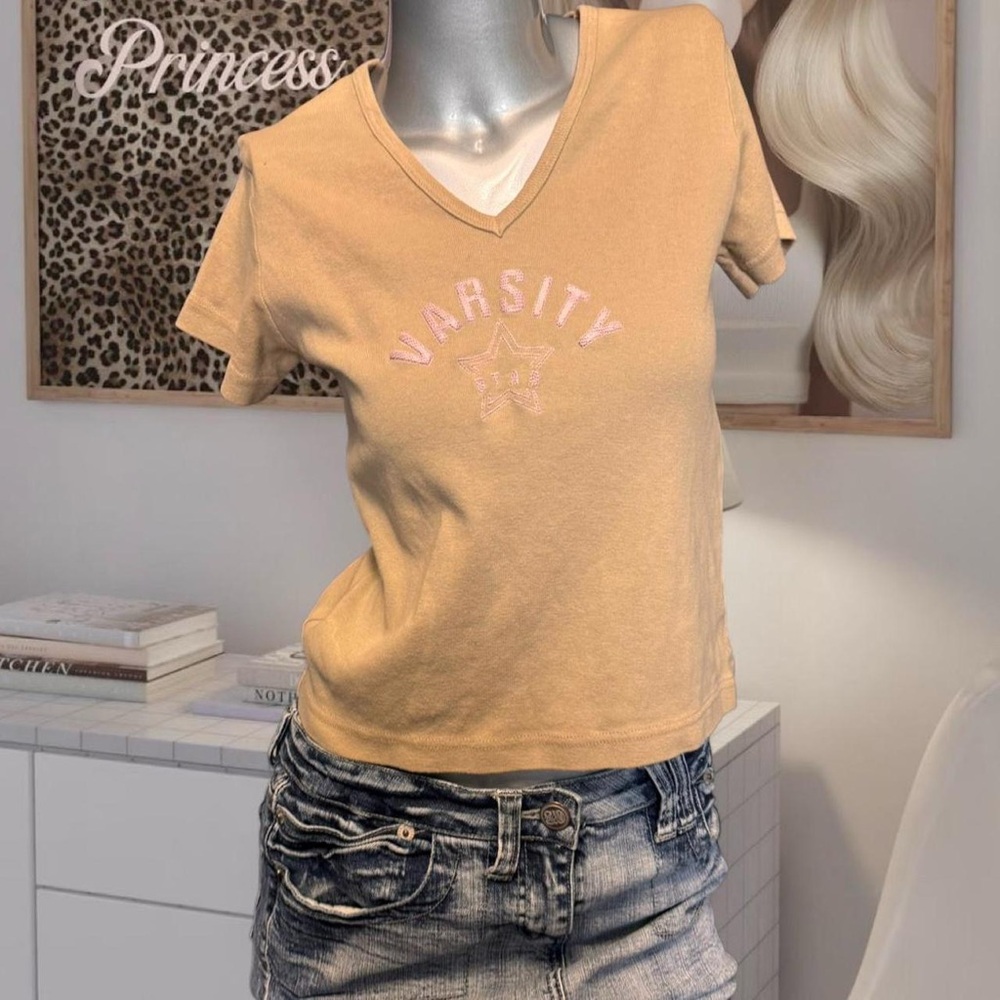 Vintage Y2K Dollface Varsity Star pink and tan baby tee